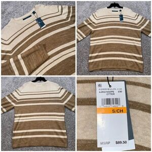 Perry Ellis Striped Sweater Mens Small Otter Brown Beige Linen Blend NEW $89